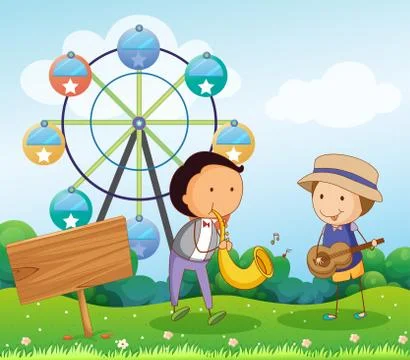 Two boys playing with musical instruments near the signboard Ilustração Stock
