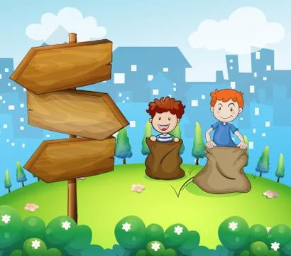 Two boys playing sack race near the arrow boards Ilustração Stock