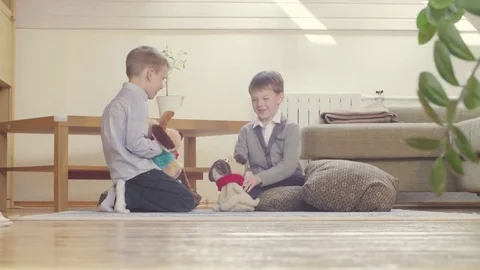 Two boys playing stuffed toys Stock Footage