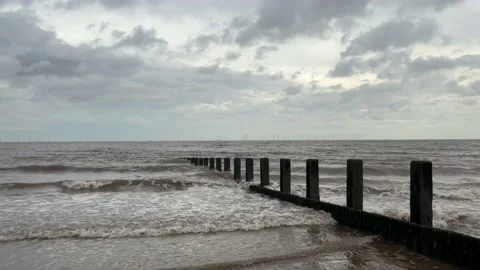 Two boys playing on wooden wave breaker poles with seagulls, English winter.. Vidéo 236375415
