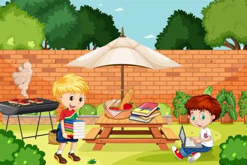 Two boys reading in garden Stockillustratie