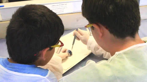 Two boys in science lesson Stock Footage 25456706