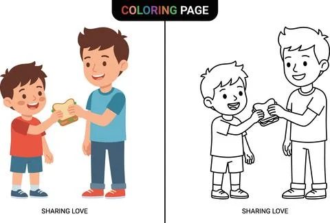Two boys sharing a book, one giving it to the other, illustration for color.. Stock Illustration
