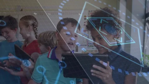 Two boys sharing tablet leaning in and tapping screen, initiating holo UI, Stockbeeldmateriaal 332280778