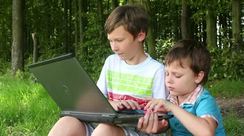 Two Boys Sitting On The Grass In The Park And Learn Stock Footage 11275647