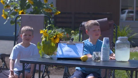 Two Boys Sitting at a Lemonade Stand trying to Sell Lemonade Stock Footage 94397398