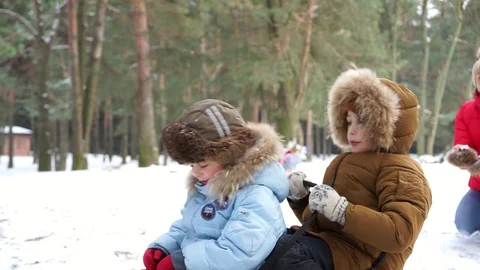 Two boys on sledge riding down and their mother drop snow ball Vídeos de archivo 91183384