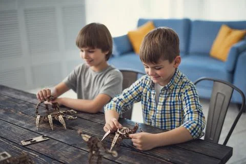 Two boys smiling while making mechanic models from wooden constructor Stock Photos