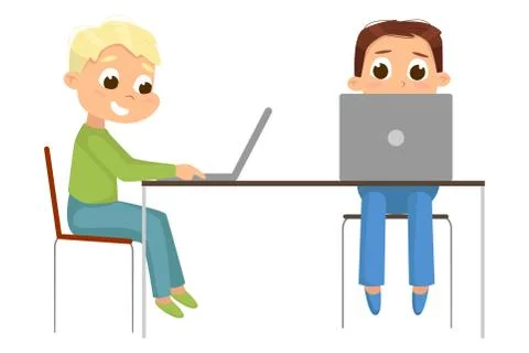 Two Boys Using Laptop Computer at Workplace, Online Education or Courses, Kid Illustrazione stock