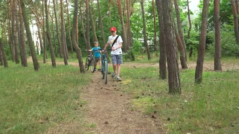 Two boys walking and talking in forest with bicycles during bright sunny day Video stock 136192829