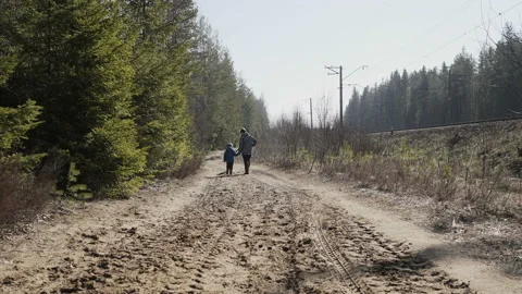 Two boys walking on sandy road in the forest in early spring Stock Footage 130133898