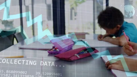 Two boys writing at table while data overlay appearing, animating charts over Stock Footage 333790086