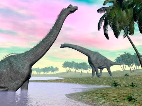Two Brachiosaurus dinosaurs in landscape with water and palm trees. Stock Illustration