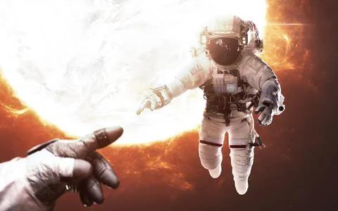 Two brave astronauts in front of burning star. Human in space. Elements of this 스톡 일러스트