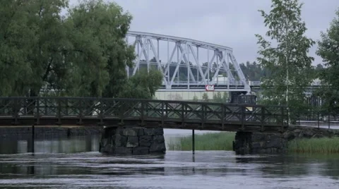 Two bridges over stream in Savonlinna, Finland Stock Footage 54557232