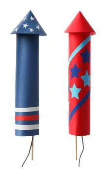 Two bright firework rockets isolated on white Stock Photos