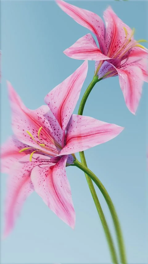 Two bright pink lily flowers slowly blooming against blue sky background, v.. Vídeo Stock 337885780