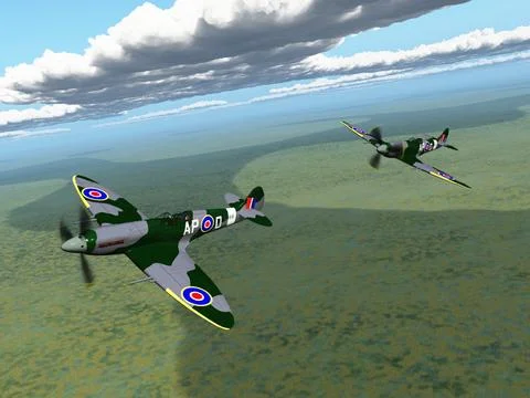 Two British fighter planes of World War II over a landscape Stock Illustration