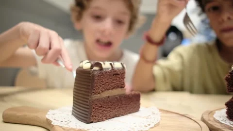 Two brothers 5 and 7 years old share chocolate cake celebration Stock Footage 252037031