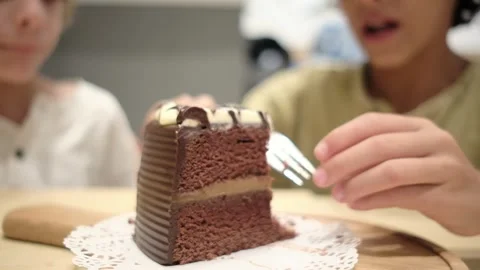 Two brothers 5 and 7 years old share chocolate cake celebration Stock Footage 252037046