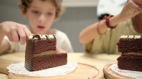 Two brothers 5 and 7 years old share chocolate cake celebration Stock Footage 252037111