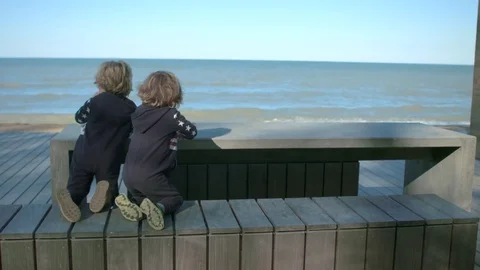 Two brothers are sitting at a table by the sea Stock-Footage 76016299