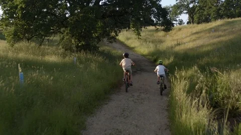 Two Brothers biking together on a path moving dolly shot Stock Footage 75022458