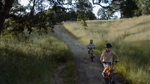 Two Brothers biking together on a path moving dolly shot Stock Footage Stock Footage 75022507
