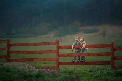 Two brothers of the boy sit on a ranch on a wooden fence against a green field Stock Photos