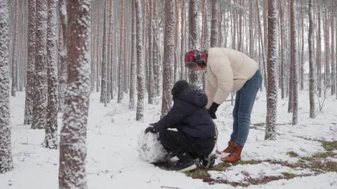 Two brothers having fun, rolling snowballs to build a snowman in winter Stock Footage 312001028