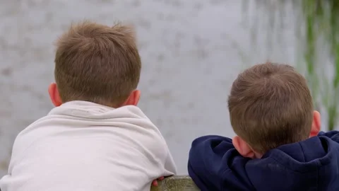 Two brothers looking out over a lake from a bridge and admiring the summer .. 库存影片 243570838