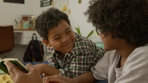 Two Brothers Reading Book and Smiling Together Indoors Stock Footage 342505098