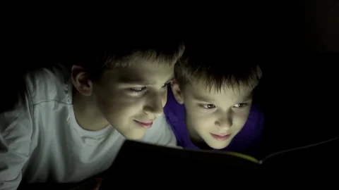 Two brothers reading a book using a torch light Stock Footage 81272790