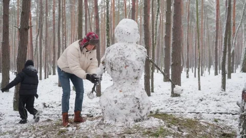 Two brothers work together, adding the final touches to their snowman Video stock 312001223