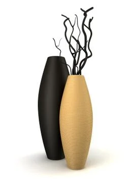 Two brown and black vases with dry wood isolated on white Stock Illustration