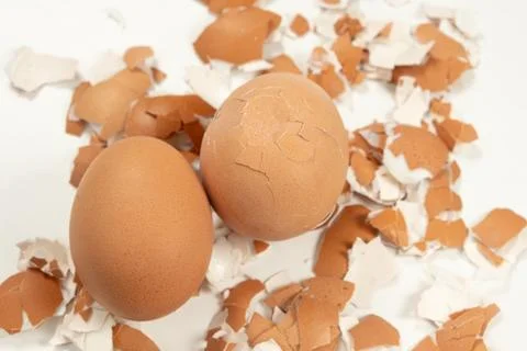 Two brown boiled eggs with cracked shell on white background. Stock Photos
