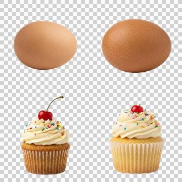 Two brown eggs and two vanilla cupcakes with frosting and cherries on trans.. Photos