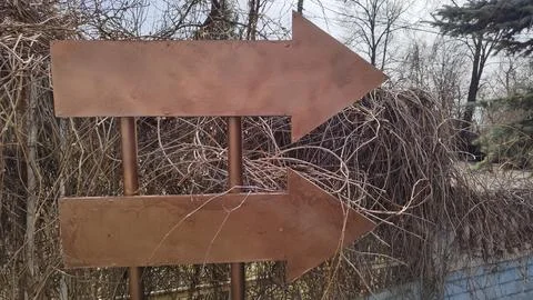 Two brown metal pointer arrows. Empty pointer against background of dry branches Stock Photos