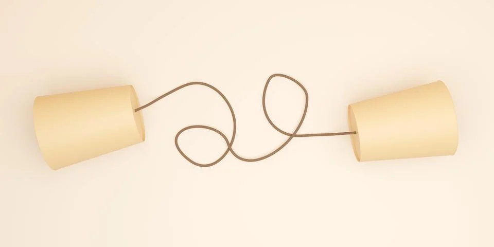 Two brown paper cups with string in between flat lay top view on bright bac.. Stock Illustration