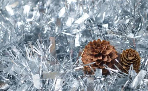 Two brown pine cones placed on bright shiny silver tinsel garland backgroun.. Fotos Stock