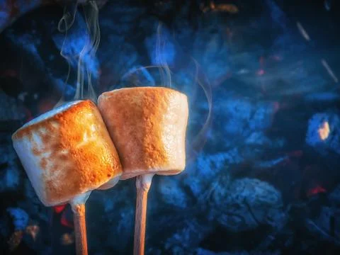 Two brown sweet marshmallows roasting over fire flames. Marshmallow on skewers Stock Photos