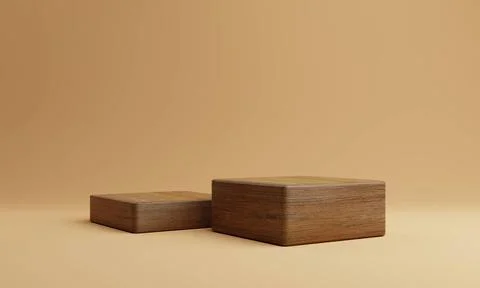 Two brown wooden rectangle cube product stage podium on orange background.... Stock Photos