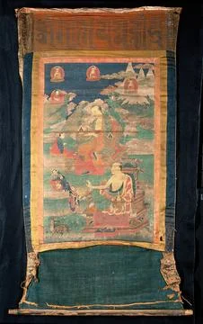Two Buddhist elders: sBed-byed (Gopaka), holding a book (above); Mi-phyed (.. Stock Illustration