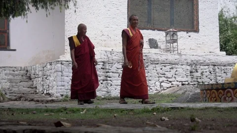 Two Buddhist monks walking inside Punakha Dzong in slow motion and praying. Stock Footage 104949565