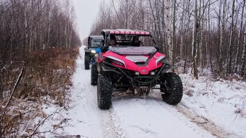 Two buggie vehicles are standing in the forest under a snowfall Stock Footage 189261087