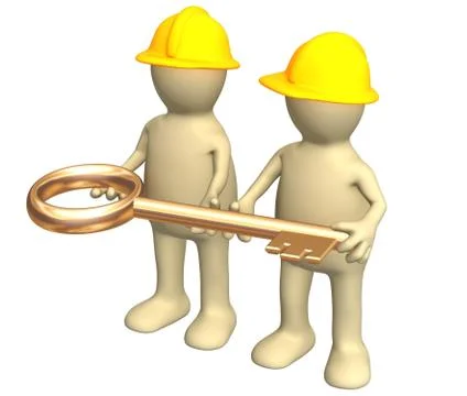 Two builders, holding in hands a gold key Stock Illustration