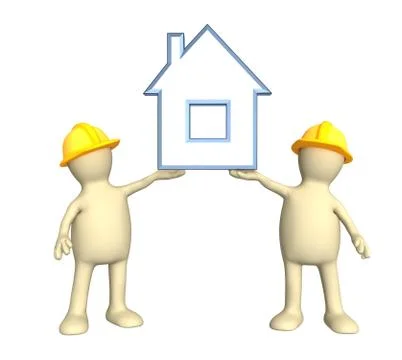 Two builders, holding in hands the stylized house Stock Illustration