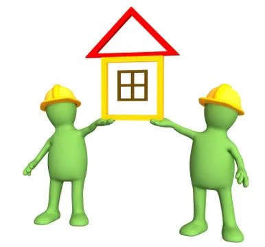 Two builders - puppets, holding in hands the stylized house Stock Illustration