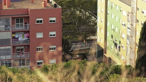Two buildings from a high angle with greenery on the back and foreground Video stock 232271140