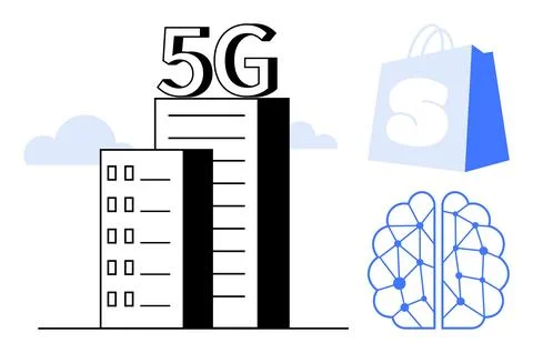 Two buildings showcasing 5G technology, a cloud shape, a shopping bag symbol, Stock Illustration